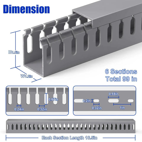 Dimensions of Under Desk Cable Management Raceway Kit 6X 16.5 Inch Sections, 99 Inch Total Length, Open Slot PVC Wire Raceways