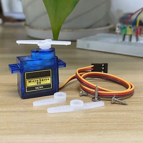 10 Pack SG90 9G Micro Servo Motors For RC Toys And Arduino Projects, shown with wires and screws, blue case, JR Futaba interface