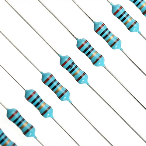 Assorted blue metal-film axial resistors with color-band stripes