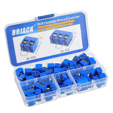 Blue 5mm Pitch PCB Mount Screw Terminal Blocks 2 Pin And 3 Pin For DIY Arduino Projects 14-22 AWG Wire Quick Connect 300V 10A Rating Pack of 70