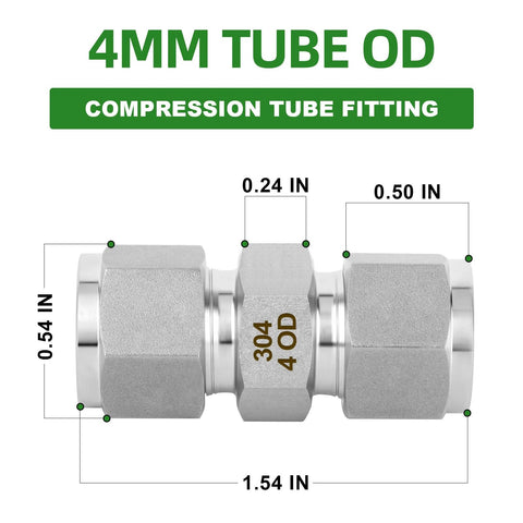 Compression tube fitting connector, 5-piece, 304 stainless steel, 4mm OD to 4mm OD straight adapter.