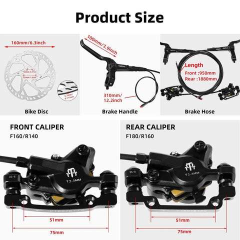 ZTZ MTB hydraulic disc brake kit, black; 2-piston with 160mm rotors, front left 950mm hose and rear 1880mm hose.