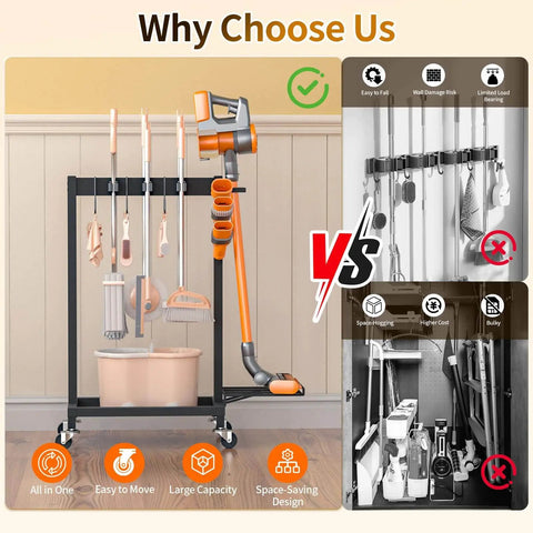Beefed Up Cleaning Supplies Organizer And Broom Mop Holder Cart With Wheels, showing mop hangers, hooks, and vacuum stand