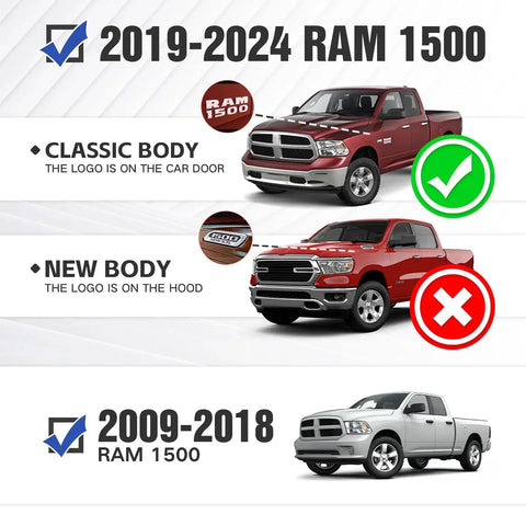 Comparison of 2019-2024 Ram 1500 classic and new body designs with logo positioning, plus 2009-2018 Ram 1500 model.