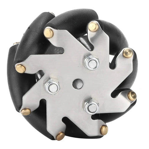 Front view of a 48mm steel Mecanum wheel with TPR rollers, part of a 4 Piece 48mm Steel Mecanum Wheel Set With TPR Rollers For Robot Cars Left And Right Omni Wheels High Load Capacity 3kg Zero Turning Radius Omnidirectional Movement For RC Robots And DIY Projects.