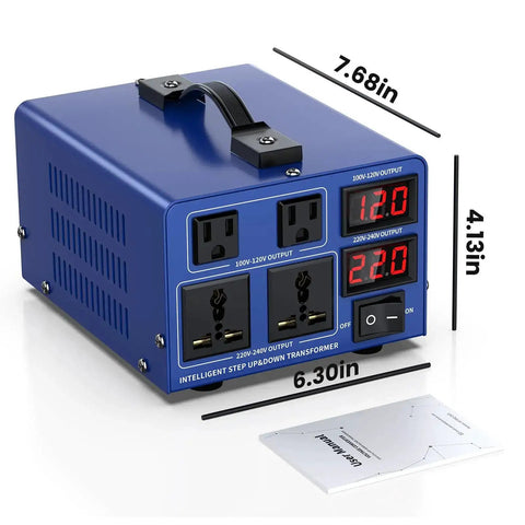 Front view of 1500W Voltage Converter Transformer For Home Use Step Up And Step Down 110V 120V To 220V 240V And Back LCD Display Resettable Circuit Breaker US Power Cord Heavy Duty Transformer For Appliances And Travel with dimensions shown.