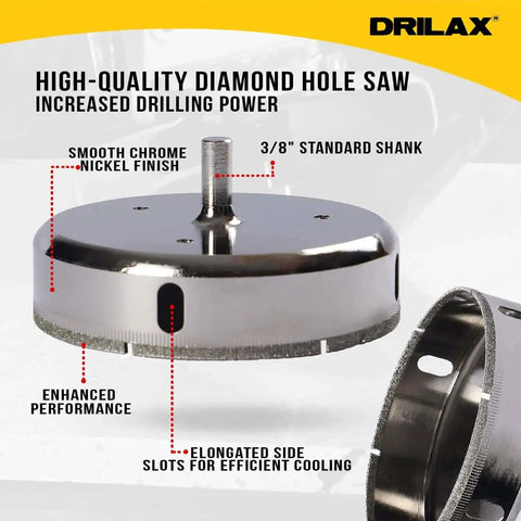 Four And A Half Inch Diamond Hole Saw With Guide For Tile Porcelain Ceramic Glass And Stone Drilling Delivers Clean Chip Free Circular Cuts For Toilet Cutouts Drains Recessed Lights And HVAC Openings Perfect For Big Tile Jobs Drilax, shown in detailed view with chrome finish and 3/8 inch shank.