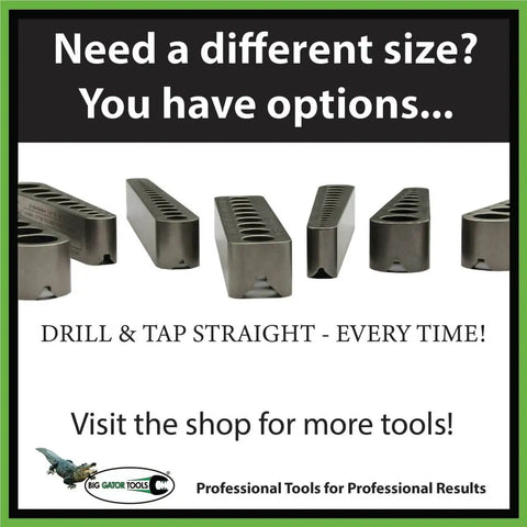 Compact V Drill Guide With Twenty One Drill Sizes For Straight, Accurate Hand Drilling On Flat Surfaces, Corners And Round Parts, Covers Tap Drill Sizes From 10 32 Down To 0 80, Portable Aluminum Jig For DIY Projects And Metalworking shown in various sizes.