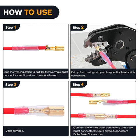 Step-by-step guide using 3.9mm bullet connectors set for 22-16 AWG wire with brass male and female terminals and insulation sleeves.