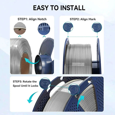 Installation steps for PLA Plus 2.0 No Spool Filament Refill Bundle with easy alignment and locking spool mechanism.