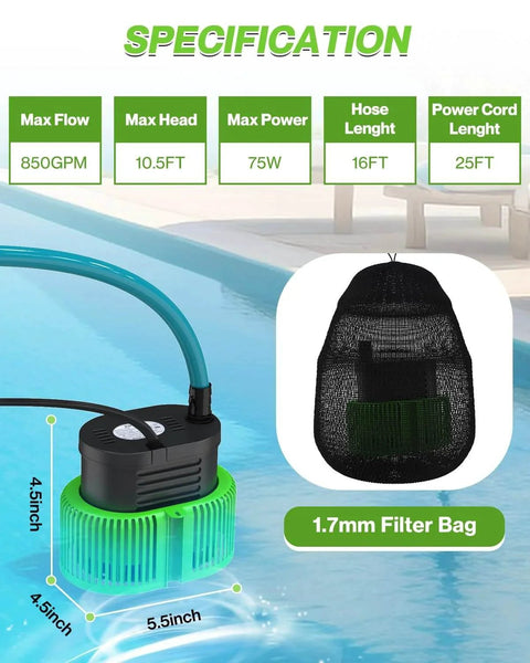 Pool Cover Pump Above Ground Submersible Water Sump Pump For Swimming Pool Water Removal With Drainage Hose 25 Feet Extra Long Power Cord 850 GPH Includes 3 Adapters IPX8 Weatherproof ABS Housing in a pool with specifications displayed.