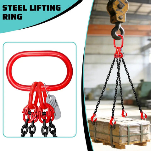 SENKEYFE 3 Ton chain sling with four black chains and red grab hooks attached to a red oval lifting ring.