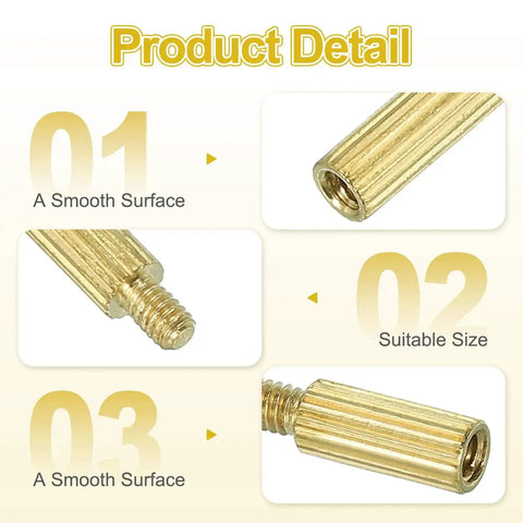 Product detail of M2 Brass Hex Spacer Standoff Set 7mm And 3mm Male Female Gold 50 Pcs showing smooth surface and threading