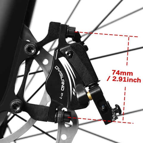 DYISLAND XT-7 black brake caliper mounted on a mountain bike wheel with 74mm reach.