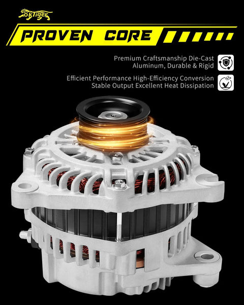 Beefed Up 110A Clockwise Alternator Replacement For Mazda CX Nine Grand Touring Sport Touring 2007 Through 2015 12 Volt High Output With 6 Groove Pulley OE Part A003TJ2391 Drop In Fit Durable Reliable Power showing front view with die-cast aluminum construction.