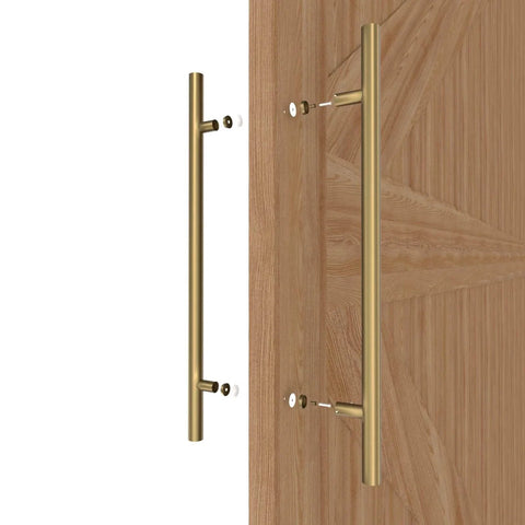 Titanium Gold Round Barn Door Handles Set, Double Sided Pull Push For French Doors And Exterior Shower Doors, shown installed
