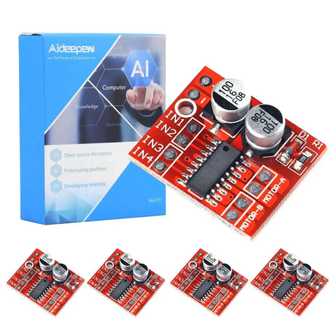 Dual H Bridge DC Stepper Driver Module 1.5A per channel next to product box and multiple module views