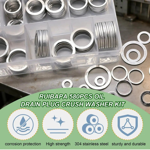 580 Piece Aluminum Oil Drain Plug Crush Washer Kit With 18 Sizes From M6 To M24, Durable Gasket Assortment For Cars And Bikes