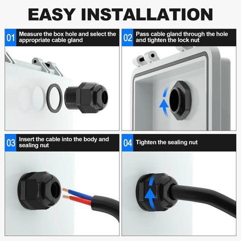 Joinfworld 72pcs waterproof black cable glands kit with strain relief for PG7 to 1in NPT; four-panel installation guide
