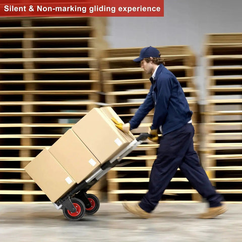 Man pushing a dolly with boxes, featuring 8 Inch Flat Free Solid Rubber Caster Wheel Assemblies For All Terrain Carts And Wagons