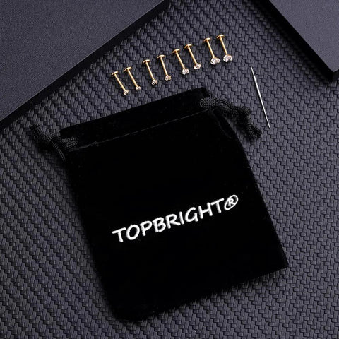 Threadless Flat Back Earrings Set For Tragus Cartilage Nose Lip Medusa Piercings, 18G 316L Surgical Steel Hypoallergenic Gold Tone Labret Posts With 2 To 2.5 To 3 To 4mm CZ Ends, 4 Pairs, 8 Pieces, Insertion Pin, Velvet Bag displayed with velvet bag and insertion pin