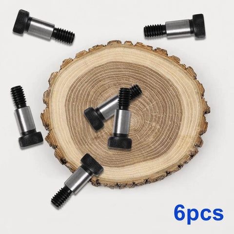 Six Pack Alloy Steel Hex Socket Shoulder Screws With Five Sixteenth Inch Shoulder Diameter And Three Quarter Inch Shoulder Length And One Quarter Inch Twenty UNC Thread Durable High Strength Hardware For Machinery And Robotic Assembly displayed on wooden surface