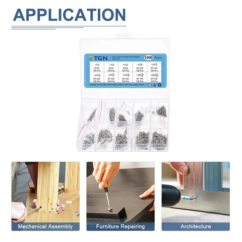 Ultimate Mini Screw Kit With 1000 Carbon Steel Nickel Plated Self Tapping Screws And Elbow Tweezers in packaging with application icons