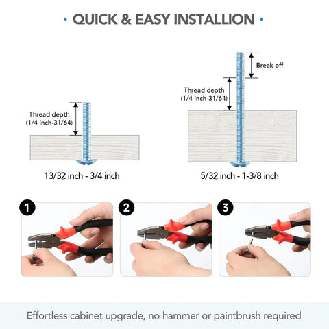 Installation guide for Brushed Brass And Brushed Nickel Cabinet Pulls showing three steps with pliers and screws.