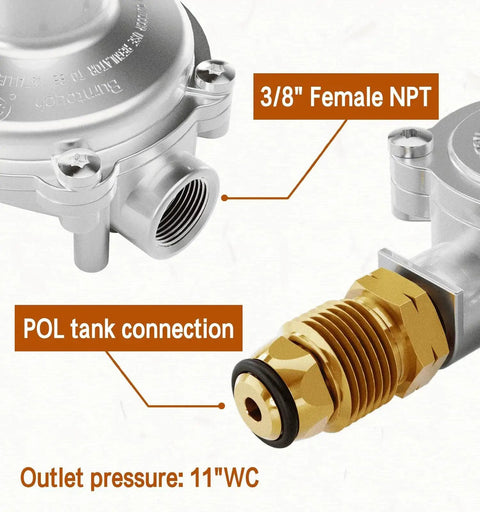 Close-up of dual stage heavy duty propane regulator with POL connection for RVs, featuring 3/8" female NPT and 11" WC pressure.