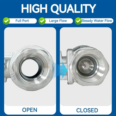 Full Port 3/4 Inch NPT 304 Stainless Steel Ball Valve with Locking Device showing open and closed views.