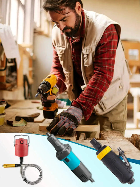 Man using tools with various rotary and air grinder options below for woodworking or metal projects.