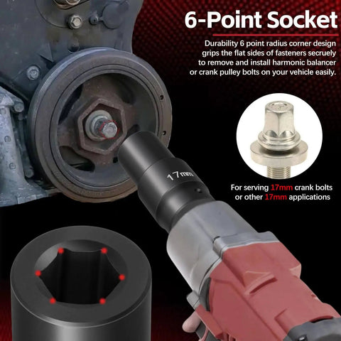 17mm Harmonic Balancer Socket For Half Inch Drive, Built Tough Heavy Duty 77060 Crank Bolt Socket used on engine pulley