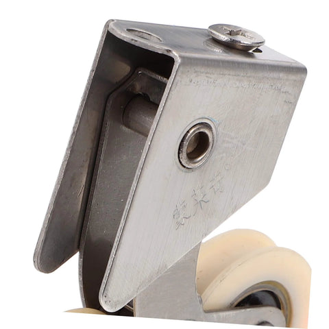 Close-up of a stainless steel wheel from 2 Pack Heavy Duty Aluminum Sliding Door Rollers with Stainless Steel Wheels for Windows Patio Doors Closets and Cabinets Replacement Pulley for Wardrobe Tracks Easy Glide and Smooth Operation on Sliding Doors.