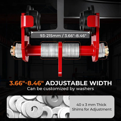 3 Ton Manual I Beam Trolley With Adjustable Width For Flange From 3.66 To 8.46 Inches and washers for customization displayed