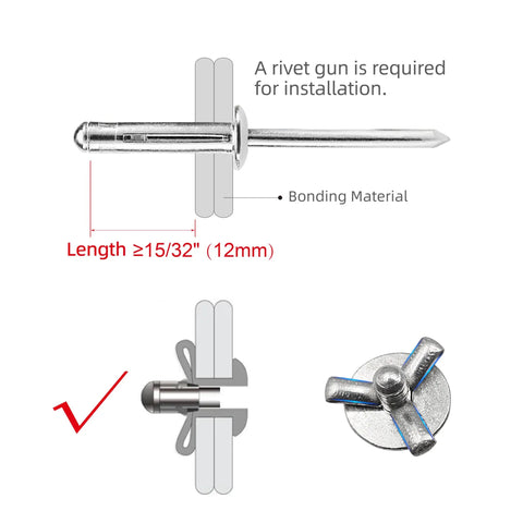 Installation diagram of Tri-Fold Aluminum Blind Rivet Kit With 50 Pcs Tri Grip Bulb Style Pop Rivets For Automotive And Soft Plastic Materials Half Black Finish 3 16 By 25 32 Inch Large Head 5 8 Inch Length Pro Grade Rust Free Aluminum Fasteners And Easy Install.