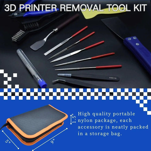 All In One 24 Piece 3D Printer Tool Kit For Cleaning Nozzles And Removing Jams With Wire Brush Flush Cutter Scraper Knife Diamond Files Tweezers And Putty Knife A Must Have For Model Building And Maintenance displayed with nylon storage bag
