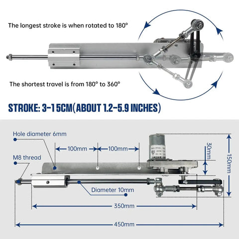 Plug And Play Reciprocating Linear Actuator With 6 Inch Stroke Adjustable 3-15 cm Dimensions Diagram