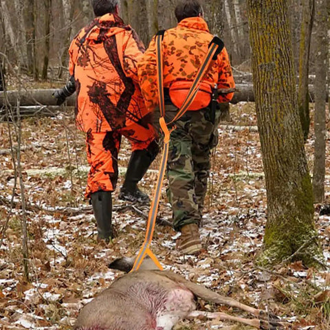 Hunters using Two Pack 60 Inch Deer Drag Rope With 59 Inch Dual Harness Reflective Shoulder Straps And Storage Bag in the field