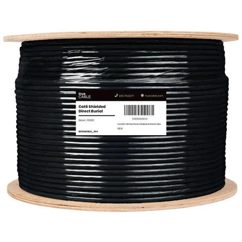 Spool of Cat6 Direct Burial Outdoor Ethernet Cable Shielded FUTP 23AWG Solid Bare Copper 1000ft with black OSP jacket