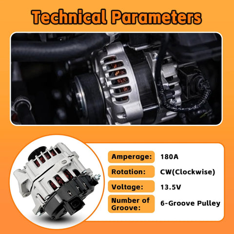Beefed-Up Alternator 180 Amp 13.5V High Output CW Rotation Replacement For Hyundai Palisade and Kia Telluride specs shown