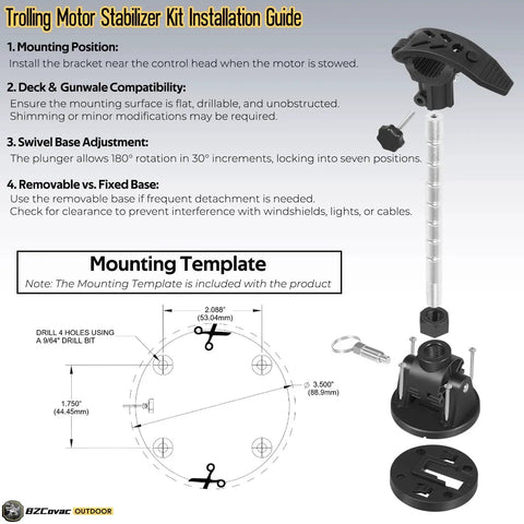 Electric Steer Trolling Motor Stabilizer Mount with installation guide, designed for Garmin and Minn Kota bow mounts.