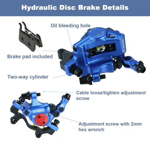 Blue XTECH hydraulic disc brake caliper set with red adjustment dial; includes brake pad; front/rear MTB pair.
