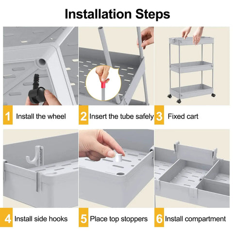 Installation steps for Three Tier Rolling Cart With Wheels For Office Living Room And Kitchen Gray Three Hanging Baskets Craft And Art Trolley Organizer Easy Assembly Mobile Storage Cart On Casters