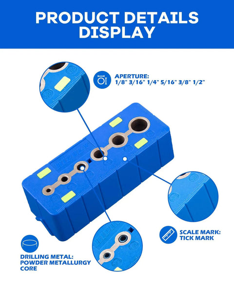 Drill Block Guide For Straight Holes Hands On Precision Alignment Tool with apertures for 1/8 to 1/2 inch drill bits, ABS body.