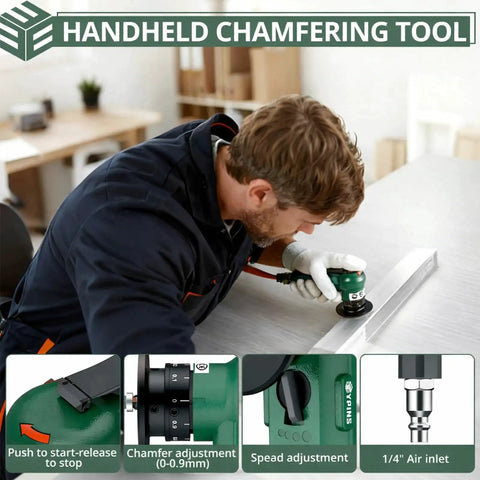 Pro Mini Pneumatic Chamfering Tool With 16 Piece C And R Angle Blades For Straight 45 Degree And Arc Beveling in use on metal