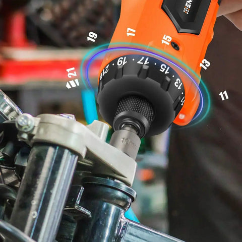 Cordless Screwdriver Kit With 8V Max Power 10Nm Torque 230 RPM 21 Plus 1 Clutch in action on metal component
