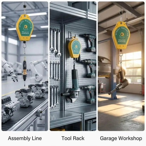 Heavy Duty Spring Balancer Set Two Pack 6.6 to 11 Lb Range Retractable Tool Fixture Holder for Assembly Line shown in various settings