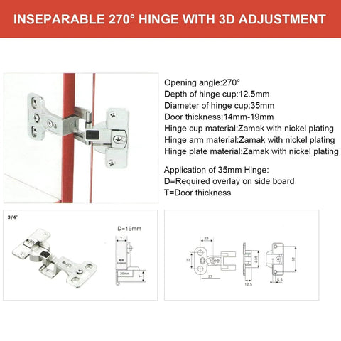 270 Degree Zinc Alloy Full Open Folding Cabinet Wardrobe Hinge with nickel plating and 3D adjustment for furniture installation
