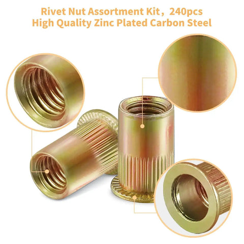 Rivet Nut Assortment Kit 240 Pcs Six Sizes 6-32 8-32 10-24 1/4-20 5/16-18 3/8-16 UNC Zinc Plated Carbon Steel Rivnuts
