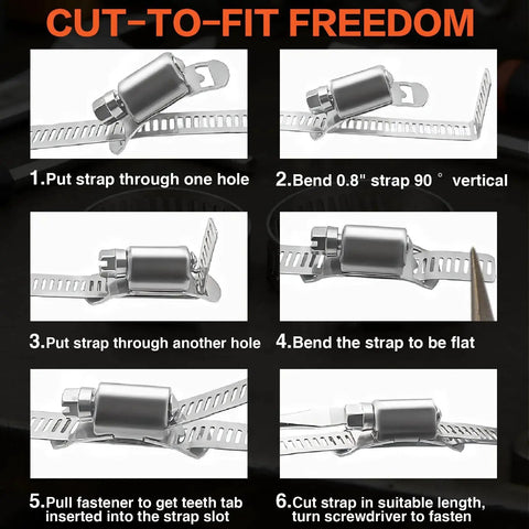 Cut-to-fit instructions for Pro Grade 185 Piece 304 Stainless Steel Anti Rust Hose Clamp Kit showing six assembly steps.